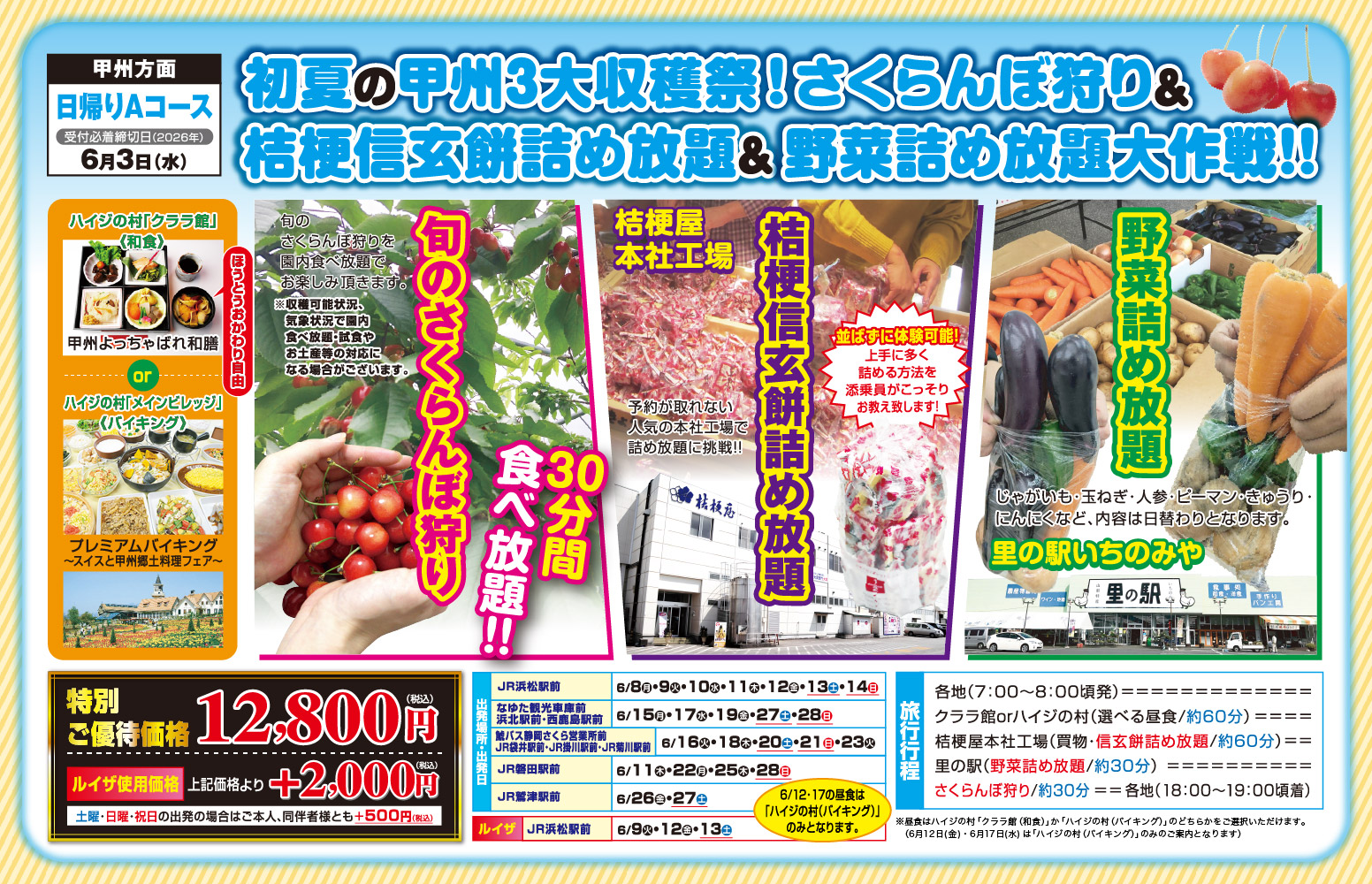 日帰りAコース『初夏の甲州3大収穫祭！さくらんぼ狩り＆桔梗信玄餅詰め放題＆野菜詰め放題大作戦!!』