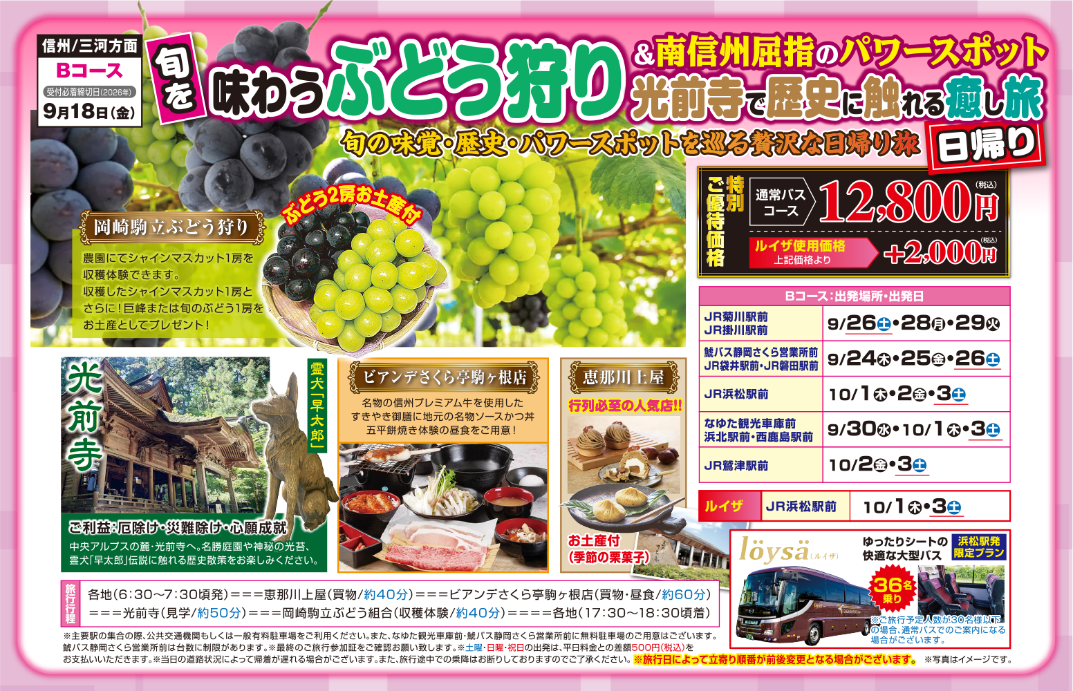 Bコース『旬を味わうぶどう狩り＆南信州屈指のパワースポット光前寺で歴史に触れる癒し旅』